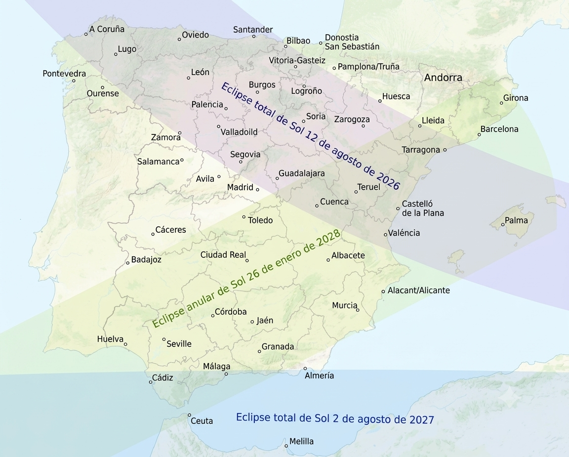 Map of Spain eclipse paths for 2026, 2027, and 2028.