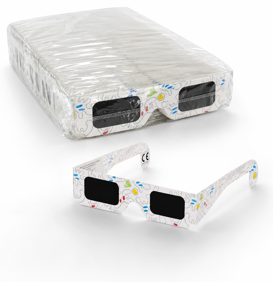 Eclipse glasses arranged with a 100 pair bulk pack.